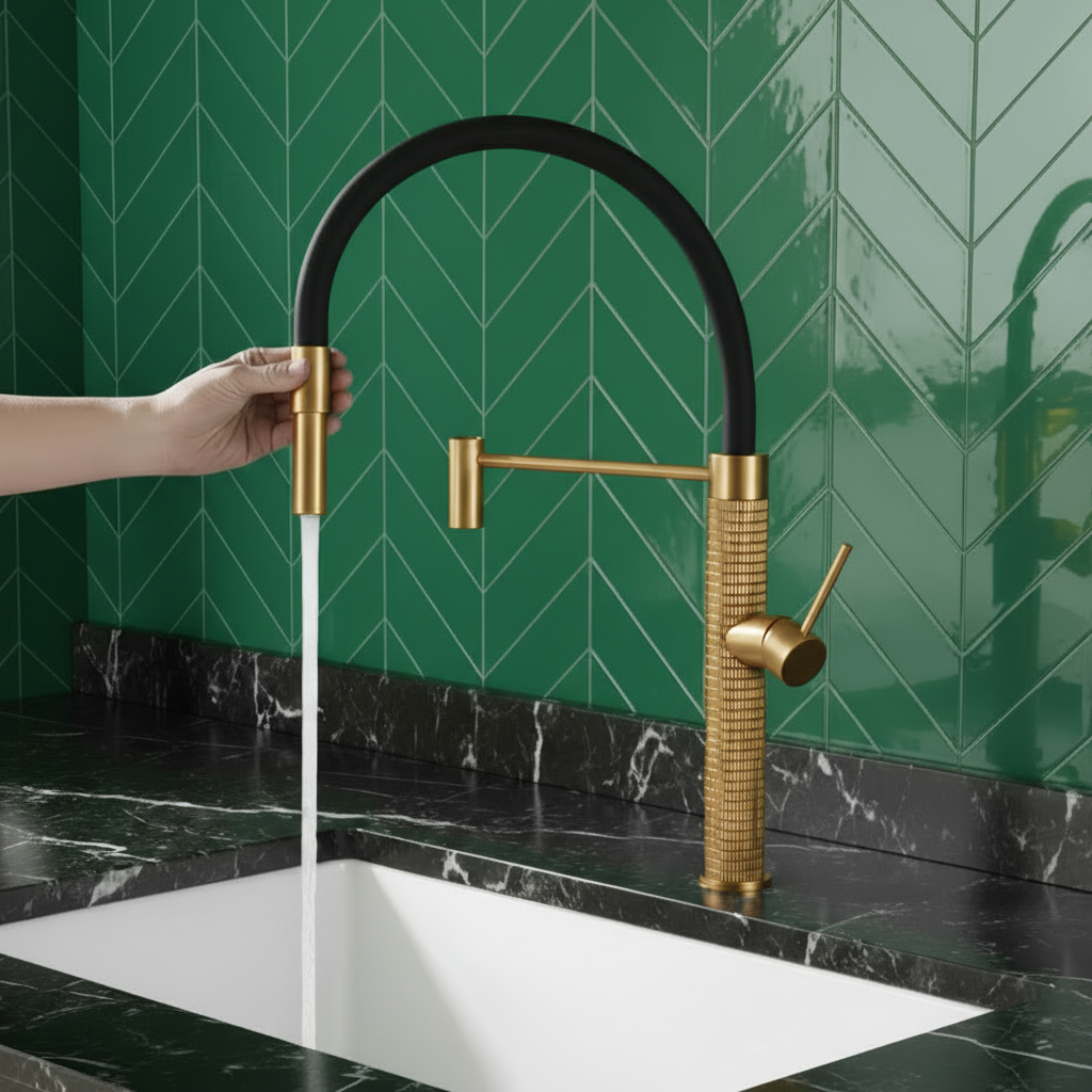 Angelica semi-professionele keukenkraan – uittrekbare spray – geborsteld goud