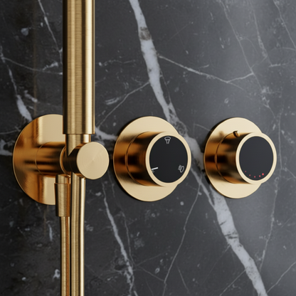 Marino Thermostatic Concealed Rain Shower Set – Waterfall & Hand Shower – Brushed Gold – Includes Concealed Valve
