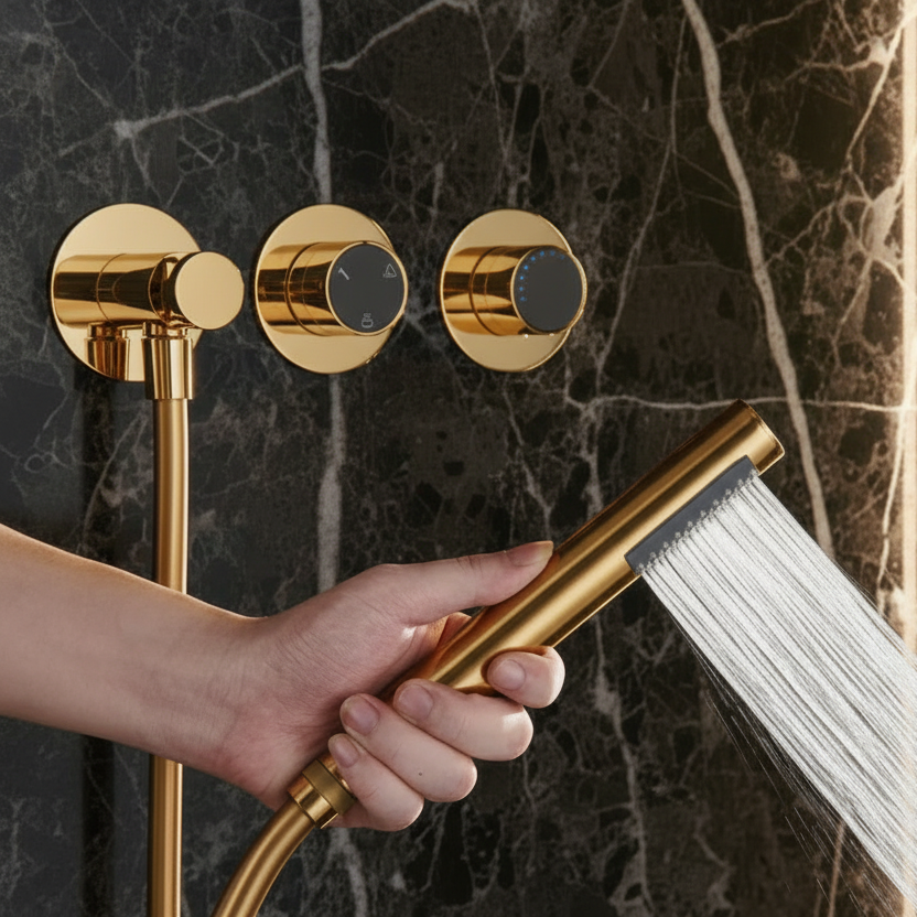 Marino thermostatisch inbouwdouchesysteem – regen en waterval – geborsteld goud