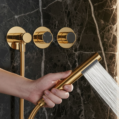Marino thermostatisch inbouwdouchesysteem – regen en waterval – geborsteld goud
