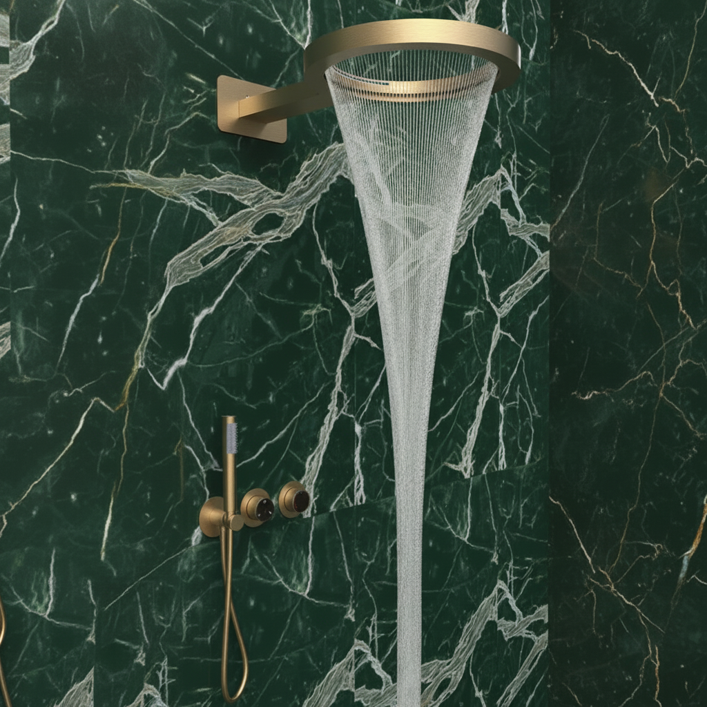 Marino Thermostatic Concealed Rain Shower Set – Waterfall & Hand Shower – Brushed Gold – Includes Concealed Valve