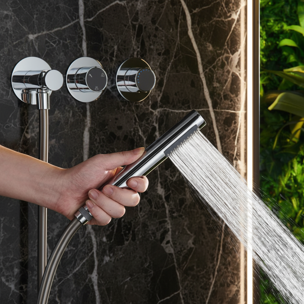 Marino Thermostatic Concealed Rain Shower Set – Waterfall & Hand Shower – Brushed Gold – Includes Concealed Valve