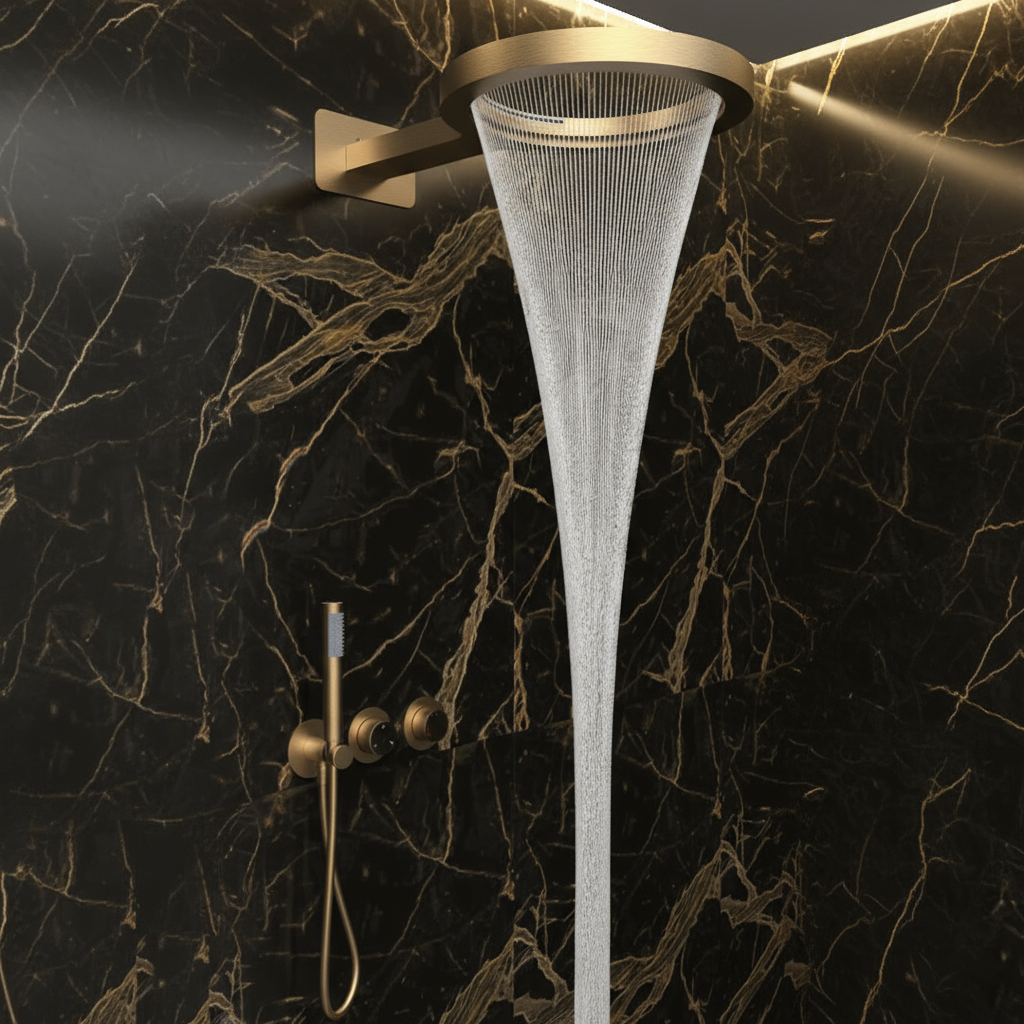 Marino Thermostatic Concealed Rain Shower Set – Waterfall & Hand Shower – Brushed Gold – Includes Concealed Valve