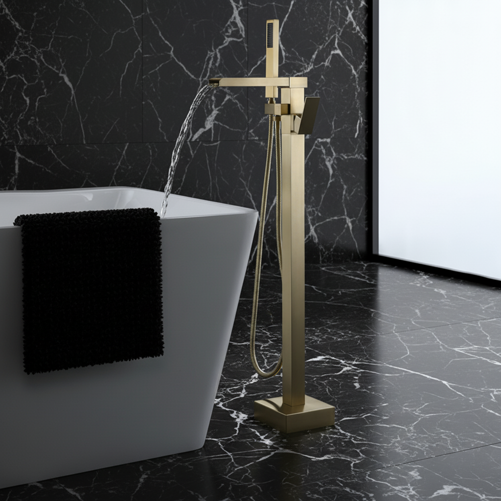 Lisandro vrijstaande badkraan – watervaluitloop – geborsteld goud