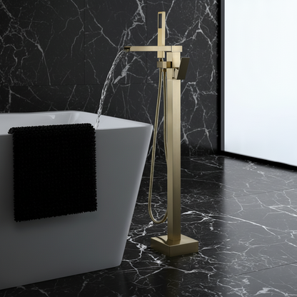 Lisandro vrijstaande badkraan – watervaluitloop – geborsteld goud