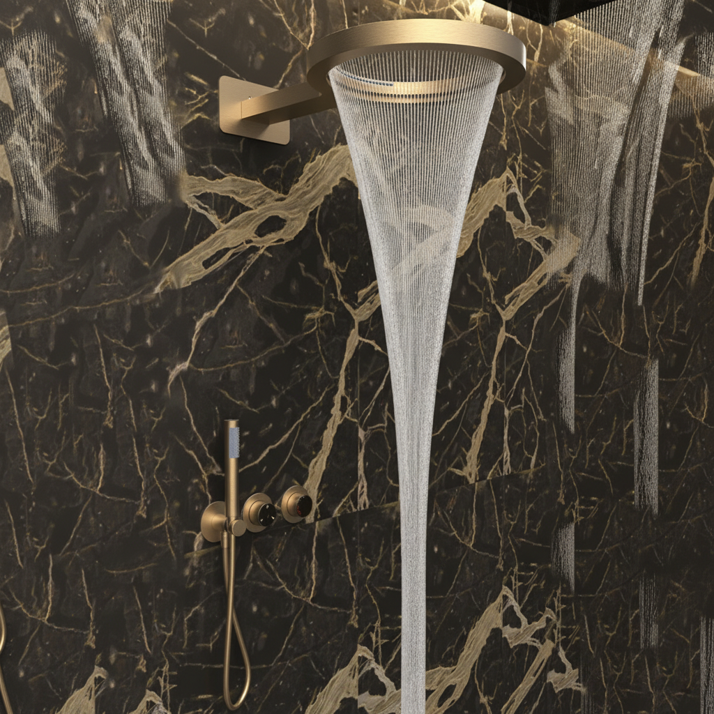 Marino Thermostatic Concealed Rain Shower Set – Waterfall & Hand Shower – Brushed Gold – Includes Concealed Valve