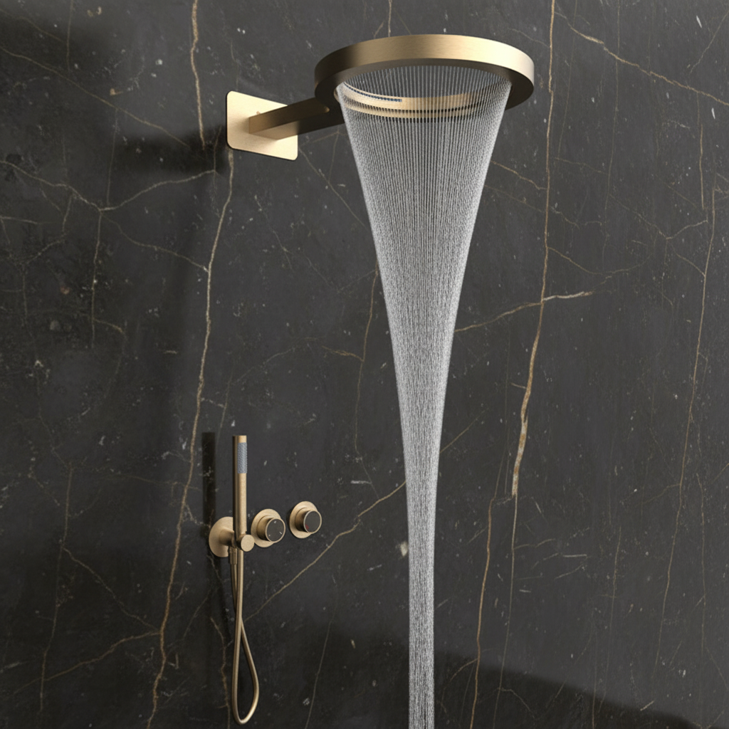 Marino Thermostatic Concealed Rain Shower Set – Waterfall & Hand Shower – Brushed Gold – Includes Concealed Valve