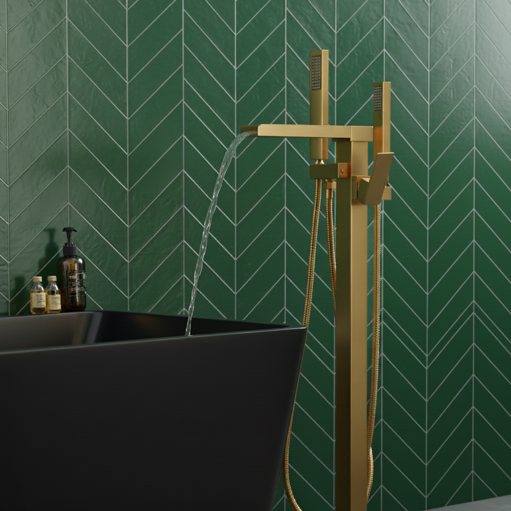 Lisandro vrijstaande badkraan – watervaluitloop – geborsteld goud