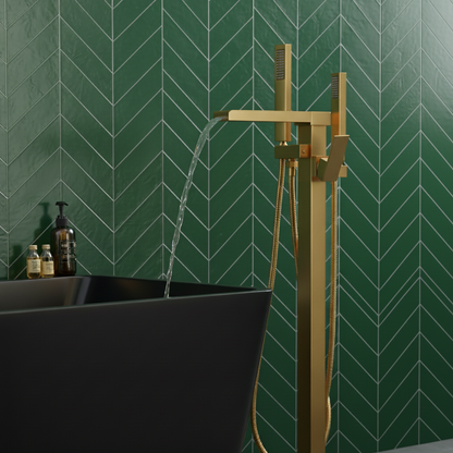 Lisandro vrijstaande badkraan – watervaluitloop – geborsteld goud