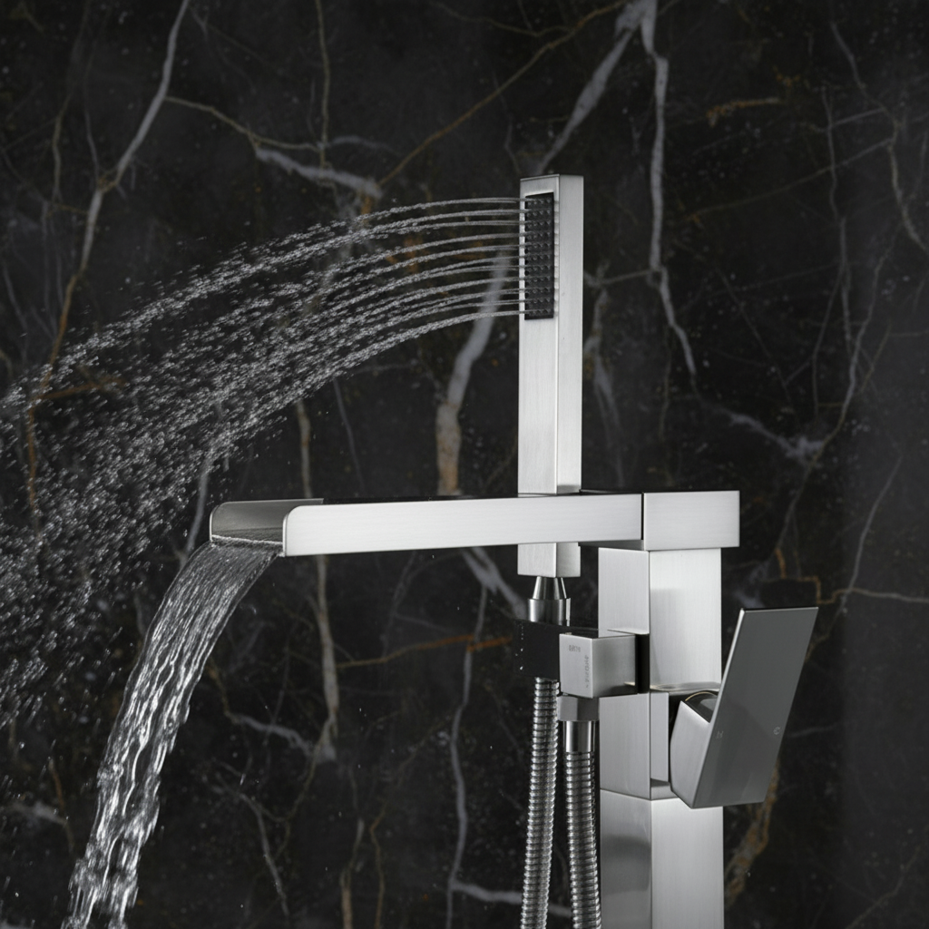 Lisandro Vrijstaande Badkraan – Watervaluitloop – Geborsteld nikkel