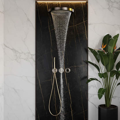 Marino Thermostatic Concealed Rain Shower Set – Waterfall & Hand Shower – Brushed Gold – Includes Concealed Valve
