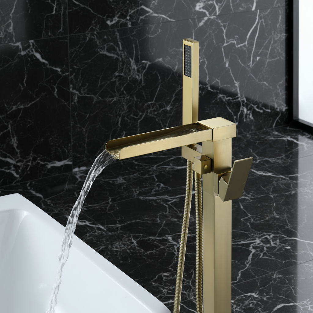 Lisandro vrijstaande badkraan – watervaluitloop – geborsteld goud