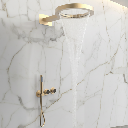 Marino Thermostatic Concealed Rain Shower Set – Waterfall & Hand Shower – Brushed Gold – Includes Concealed Valve