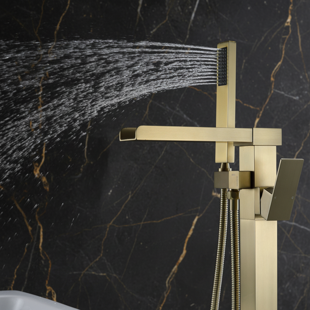 Lisandro vrijstaande badkraan – watervaluitloop – geborsteld goud