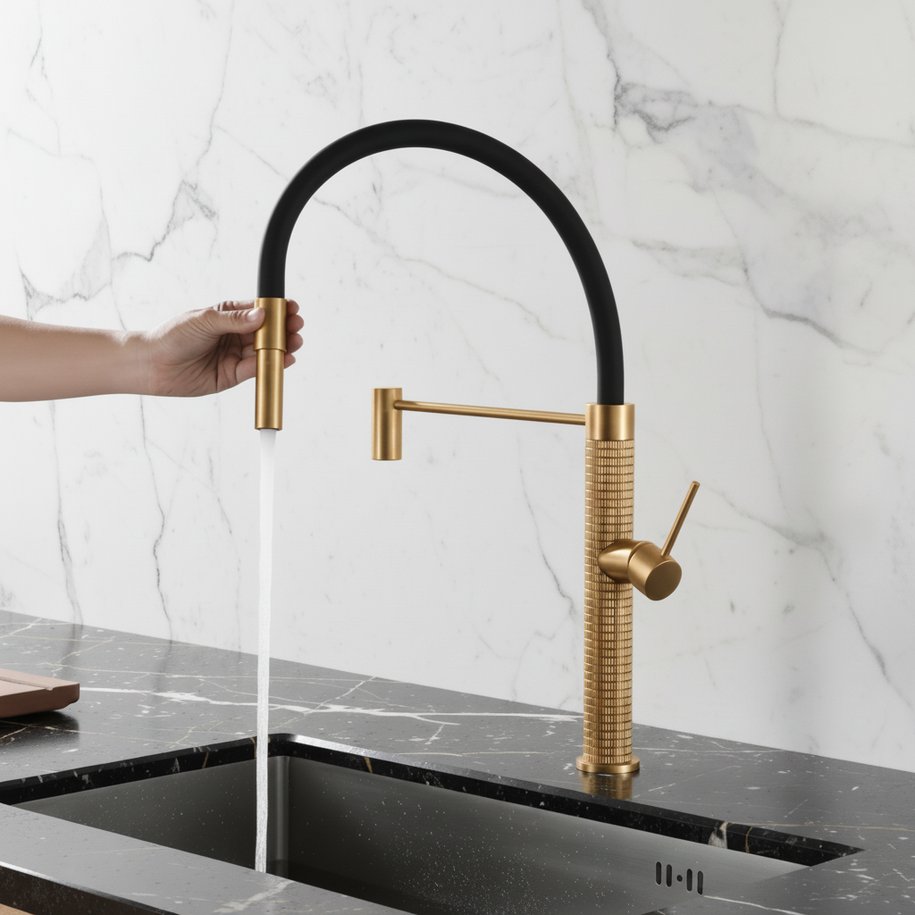 Angelica semi-professionele keukenkraan – uittrekbare spray – geborsteld goud