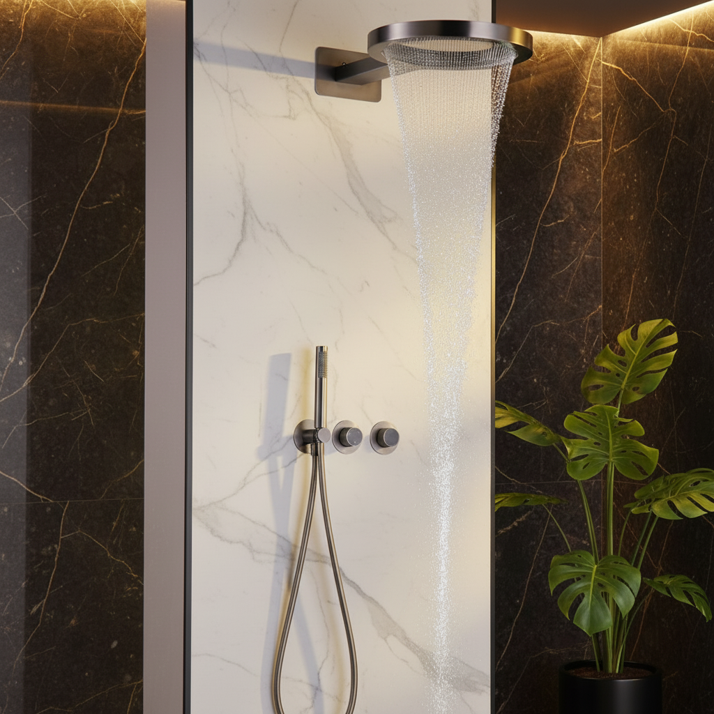 Marino Thermostatic Concealed Rain Shower Set – Waterfall & Hand Shower – Gunmetal Grey – Includes Concealed Valve