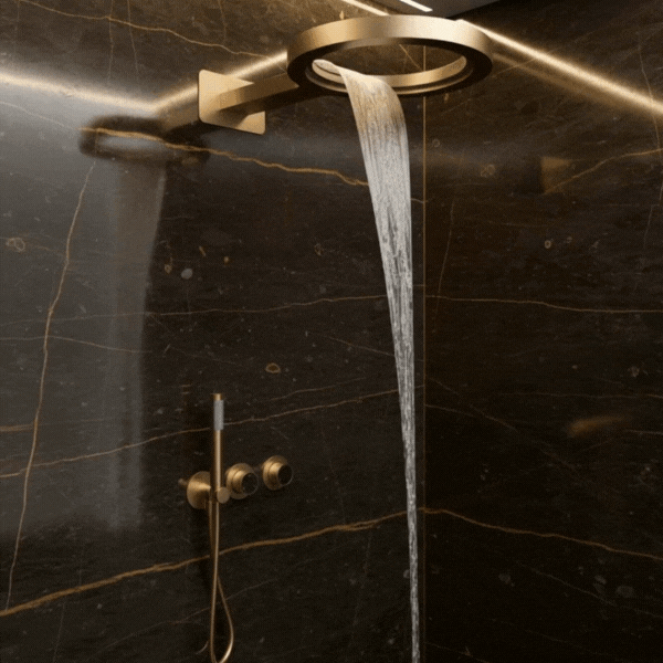 Marino Thermostatic Concealed Rain Shower Set – Waterfall & Hand Shower – Brushed Gold – Includes Concealed Valve