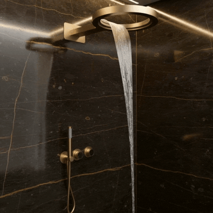 Marino Thermostatic Concealed Rain Shower Set – Waterfall & Hand Shower – Brushed Gold – Includes Concealed Valve