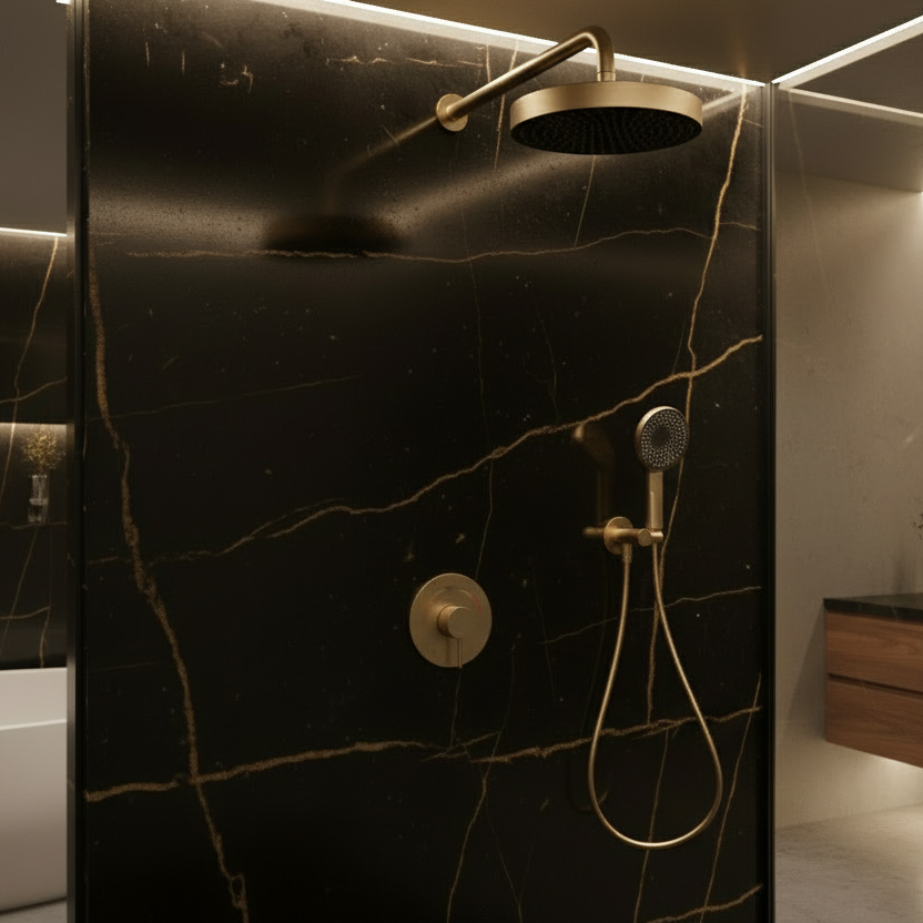 Amalia inbouwdouchesysteem – regen- en handdouche – geborsteld goud
