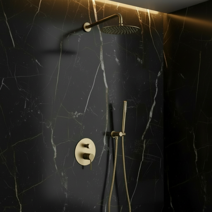 Angelica verborgen douchesysteem – regendouche en handdouche – geborsteld goud