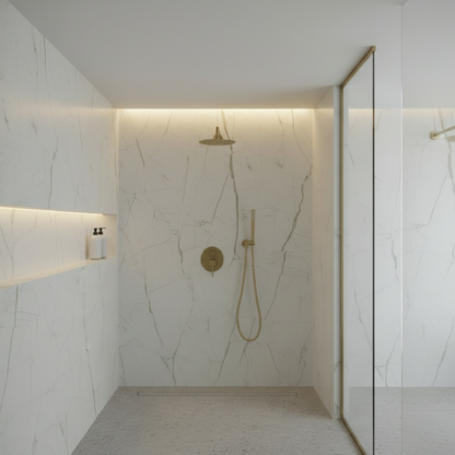 Angelica verborgen douchesysteem – regendouche en handdouche – geborsteld goud