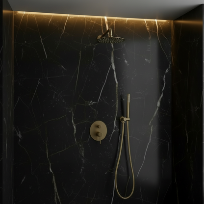 Angelica verborgen douchesysteem – regendouche en handdouche – geborsteld goud