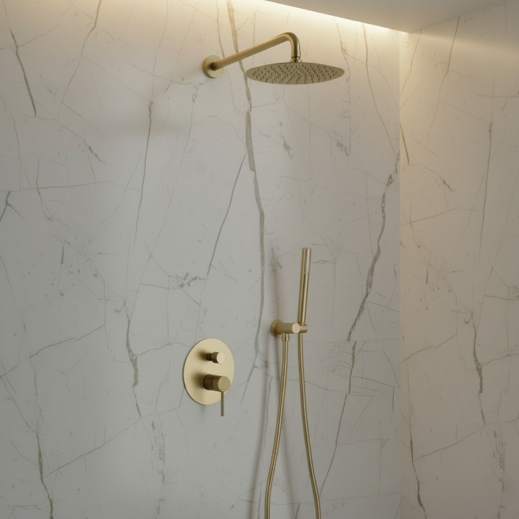 Angelica verborgen douchesysteem – regendouche en handdouche – geborsteld goud