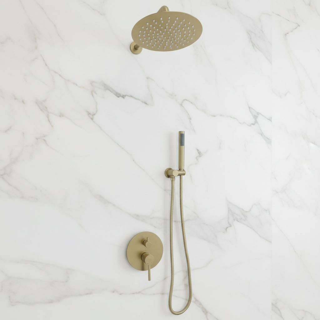 Angelica verborgen douchesysteem – regendouche en handdouche – geborsteld goud