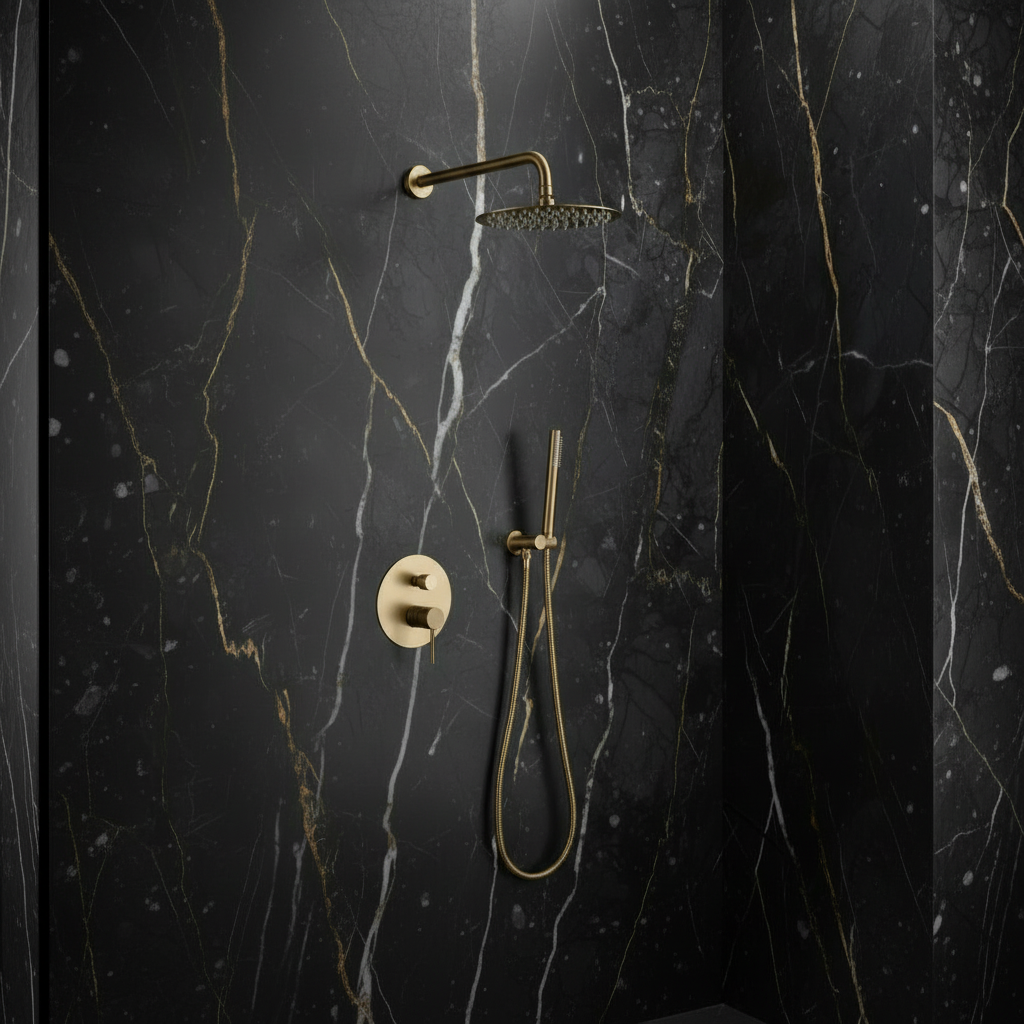 Angelica verborgen douchesysteem – regendouche en handdouche – geborsteld goud