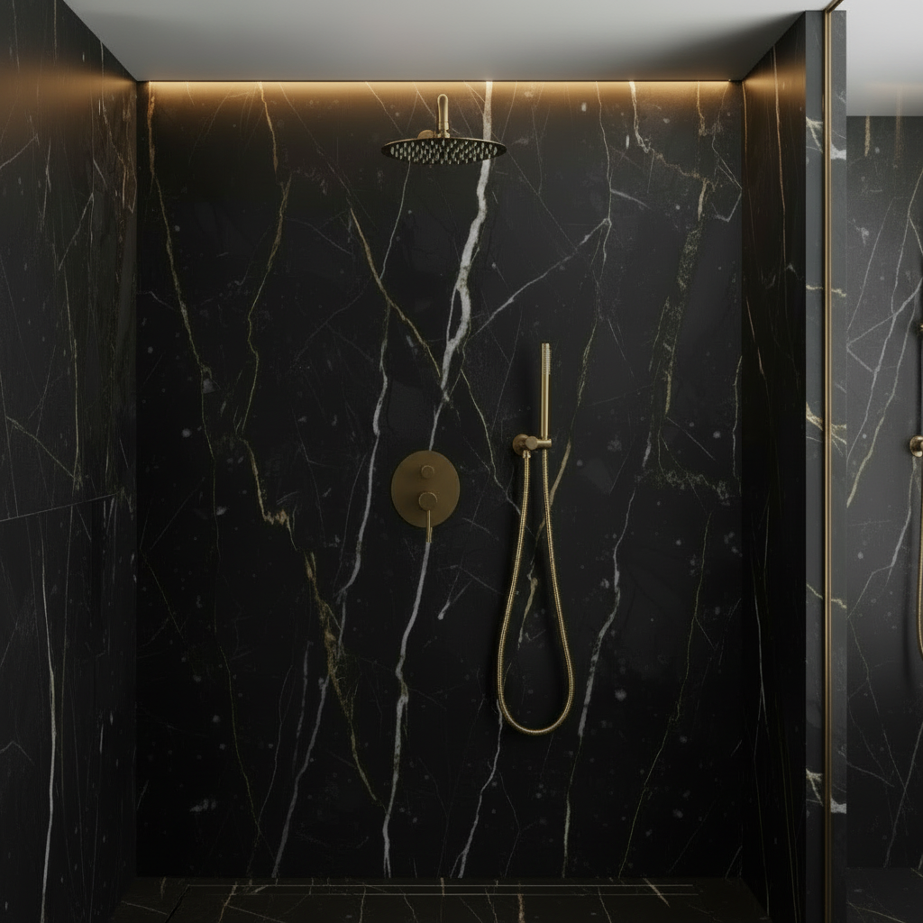 Angelica verborgen douchesysteem – regendouche en handdouche – geborsteld goud