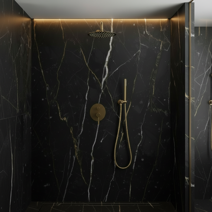 Angelica verborgen douchesysteem – regendouche en handdouche – geborsteld goud