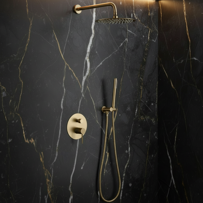Angelica verborgen douchesysteem – regendouche en handdouche – geborsteld goud