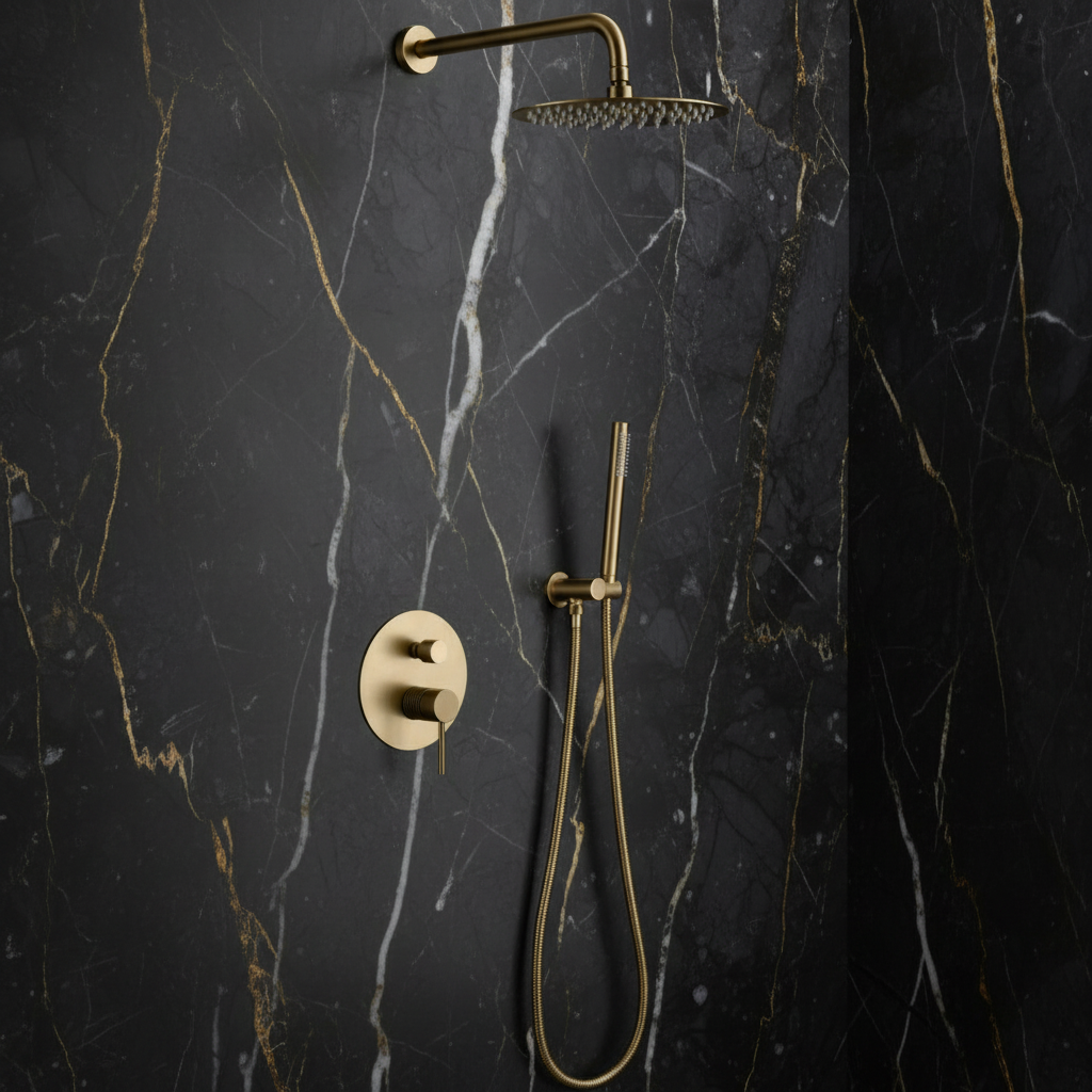 Angelica verborgen douchesysteem – regendouche en handdouche – geborsteld goud